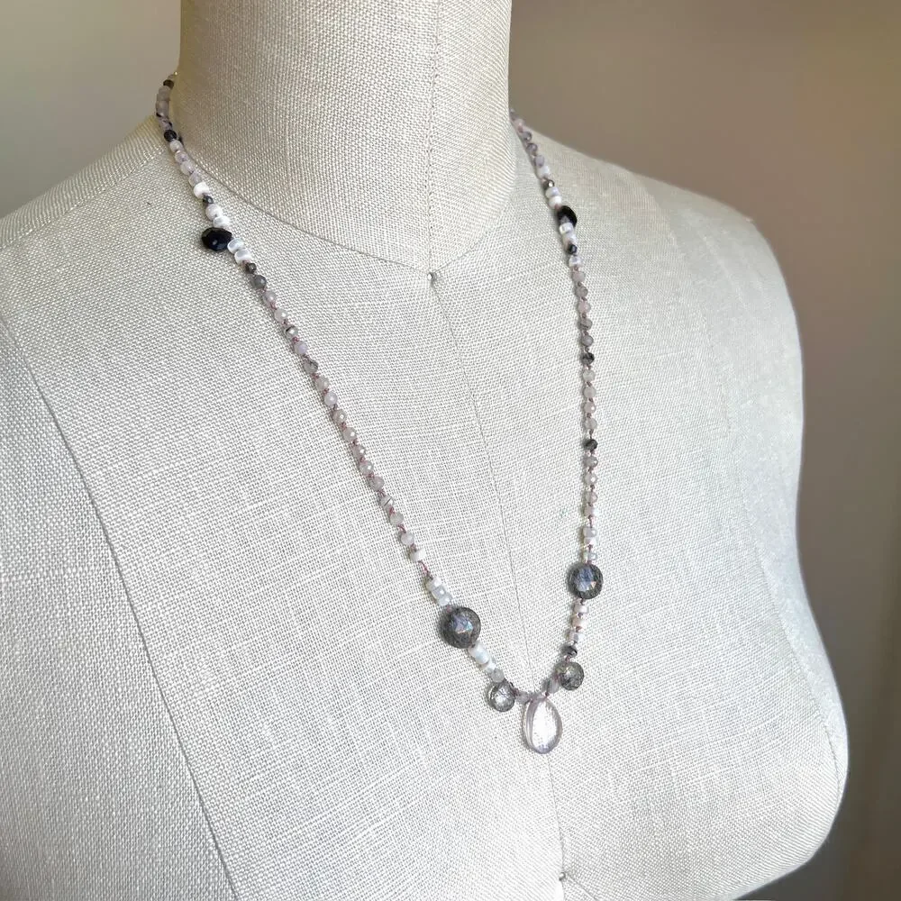 Vintage Black Rutilated Quartz & Rose Quartz Beaded Necklace 14/20 GF Clasp - Picture 6 of 7